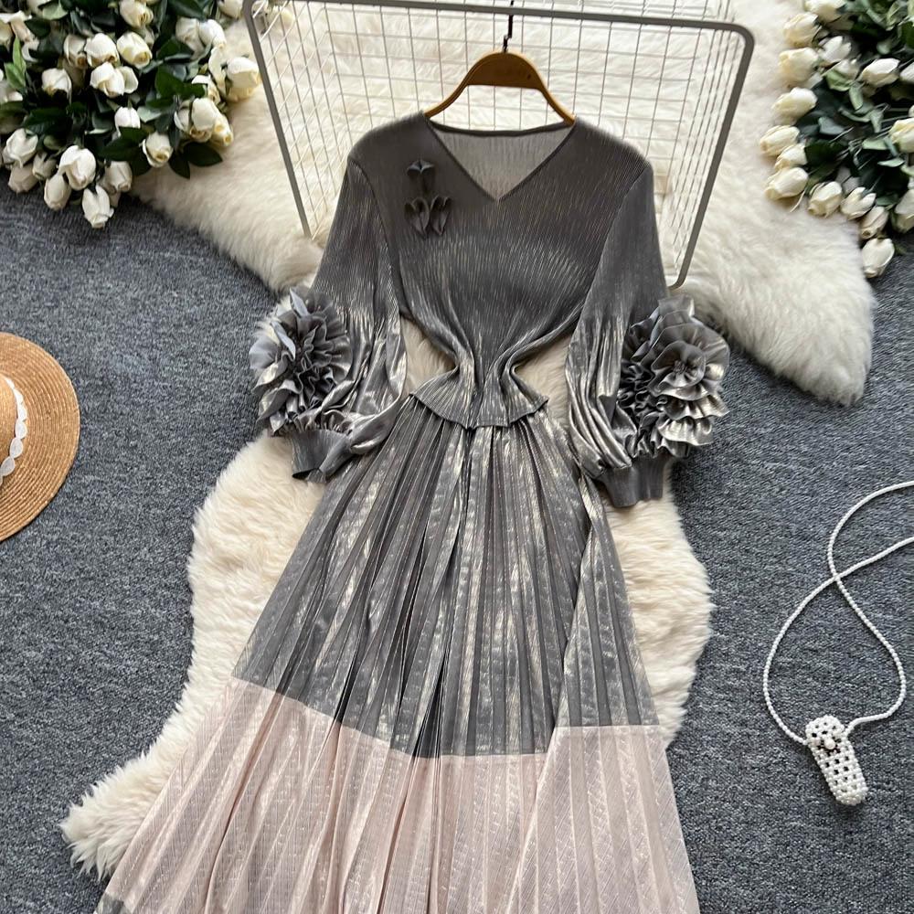 Wiosna Jesień Kobiety Luksus Plus Size Plisy Miyake Kwiat 3D Oversize Luźna Długa Sukienka Maxi Party Plisowana