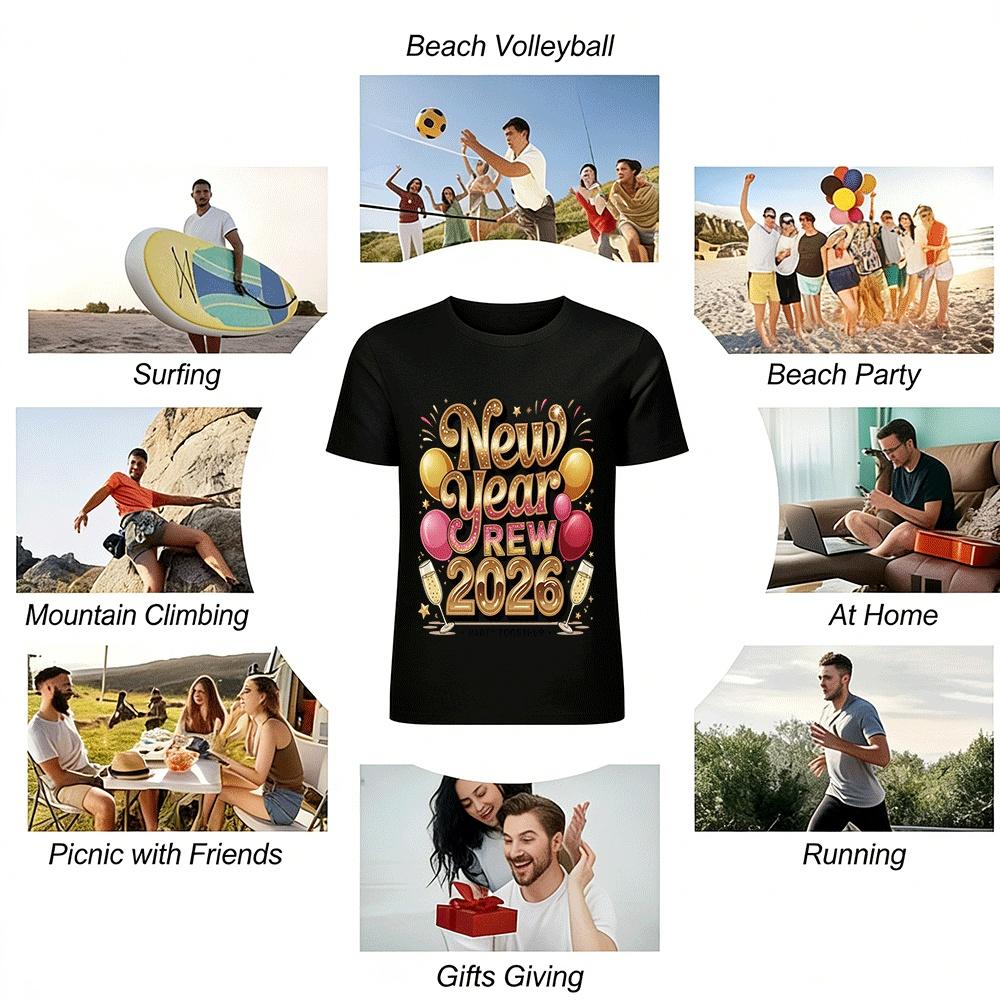 New Year Crew 2026 Party Together Glitter Print Top Pure cotton T-shirt