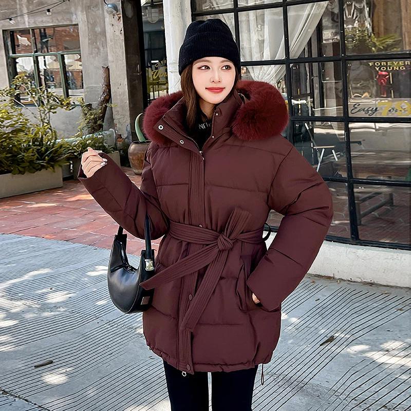 Women’s Short Big Fur Collar Hooded Windproof Thicken Warm Winter Jacket With Belt