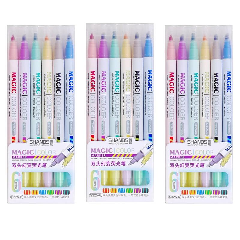 6/12 PCS Double Headed Color Changing Pen Marking Fluorescent Marker Hand Ledger Pen Set for Students School Supplies Stationery
