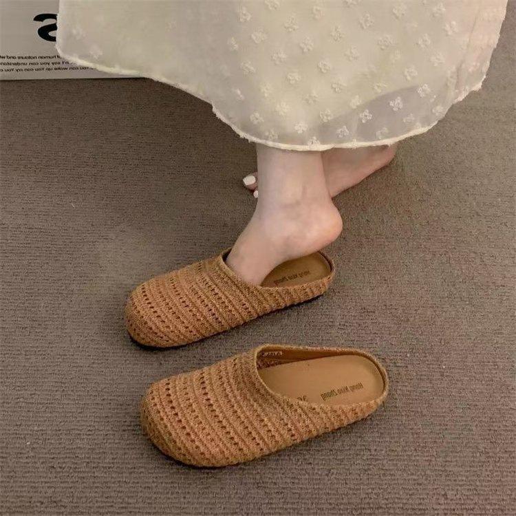 French niche woven hollow breathable slippers summer outer wear bag head Muller slippers outer wear