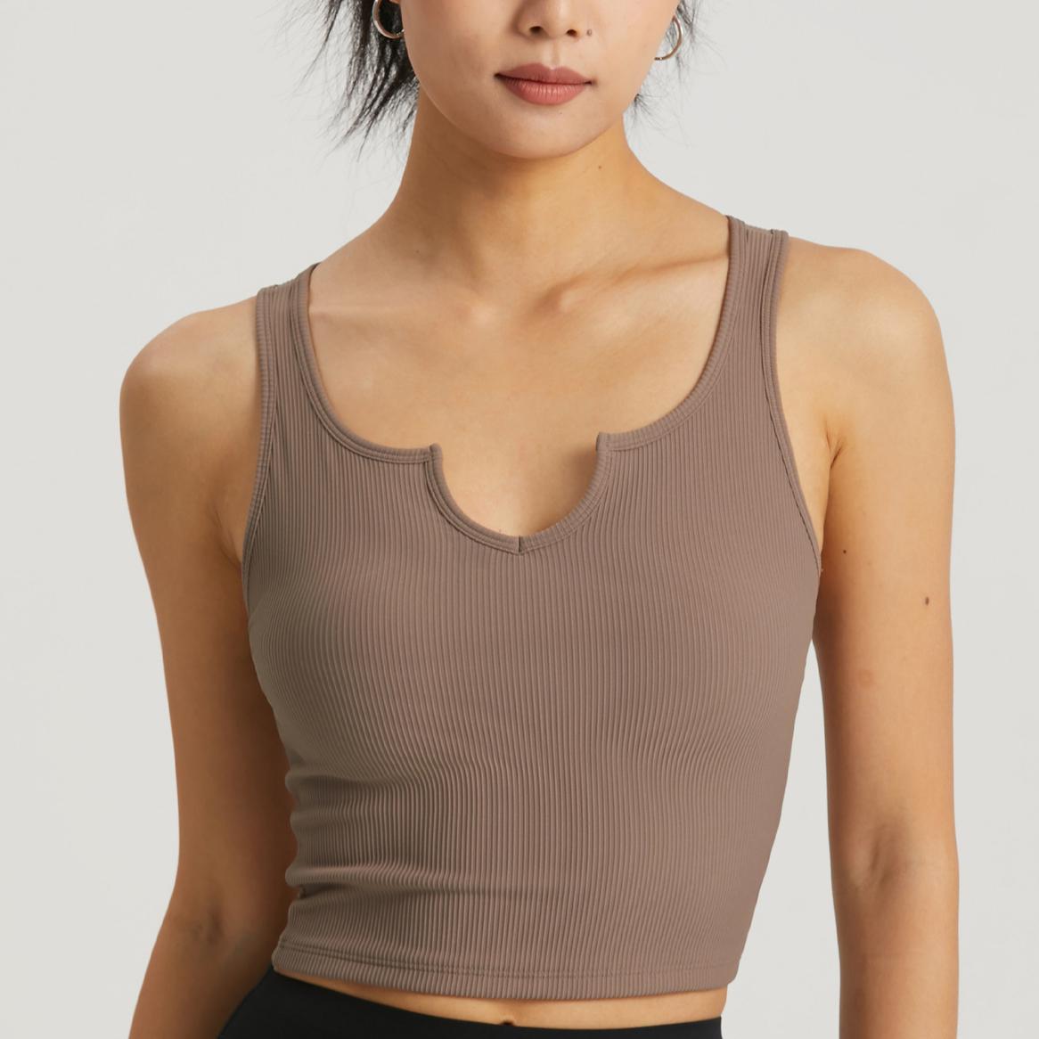 

Женский дышащий спортивный бюстгальтер с фиксированной чашкой, ударопрочный, летний, ребристый, удлиненный, для йоги, жилет для бега и фитнеса с V-образным вырезом 10 кофейный