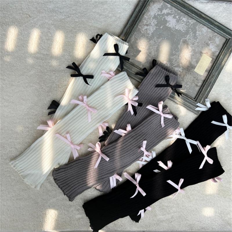 Women Japanese Style JK Girl Ribbed Knitted Leg Warmers Cute Small Bowknot Ruffled Hem Boot Cuffs Leg Cover Long Socks