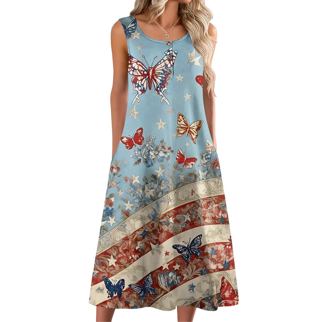 Sleeveless Butterfly Print A-Line 4th of july dress Independence day dress Button Front Casual Summer Midi Dress for Women
