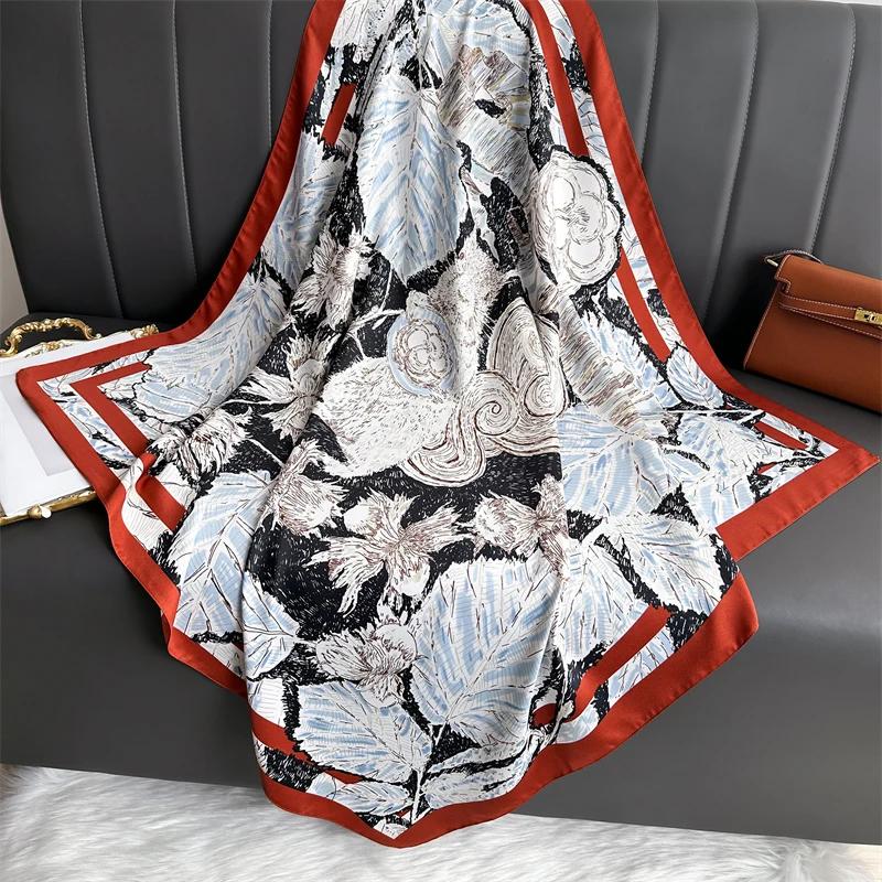New 90cm Abstract Plants Print Square Silk Feeling Twill Scarf Women Spring Hair Band Hijab Foulard Neckerchief Shawl Wraps 2025