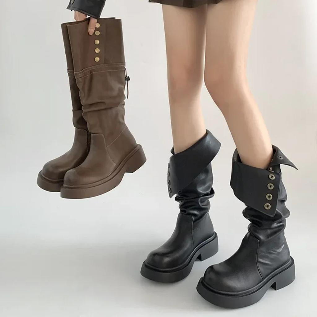 Women's Boots  New Pleated Platform High Tube Comfortable Anti Slip Round Toe Long Boots Waterproof Commuting Fashion Boots