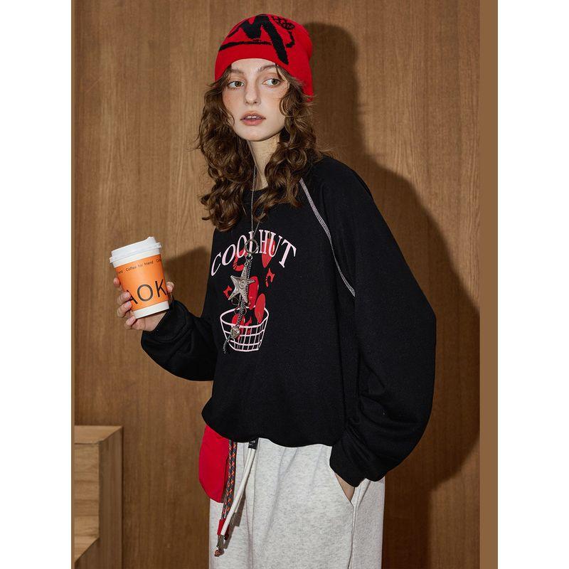 Coolhut Black Autumn New Loose Fit Slimming Age-Reducing Fashionable Versatile Round Neck Pullover Women's Casual Sweatshirt