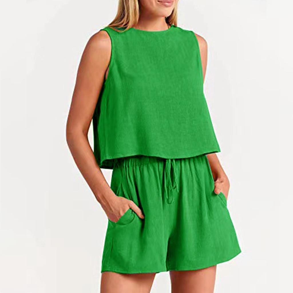 Women's Two-Piece Summer Linen Suit Sleeveless Round Neck Short Vest Wide Leg Casual Shorts Suit