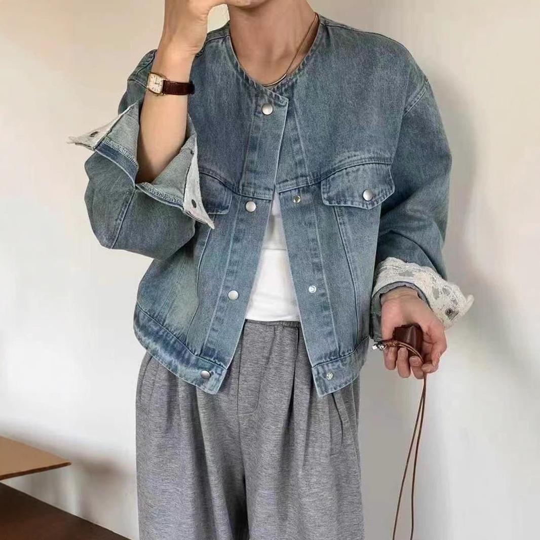 

Women s 2025 Spring Korean Lace Spliced Denim Jacket Medium джинсовий синього кольору