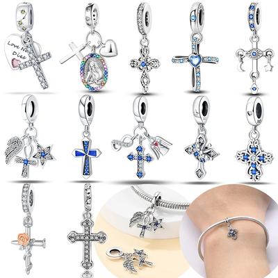 Original Copper Cross Blue Zircon Angel Heart Star Symbol Charms Bead Fit Bracelet Women Jewelry Diy Accessory Fine Gift