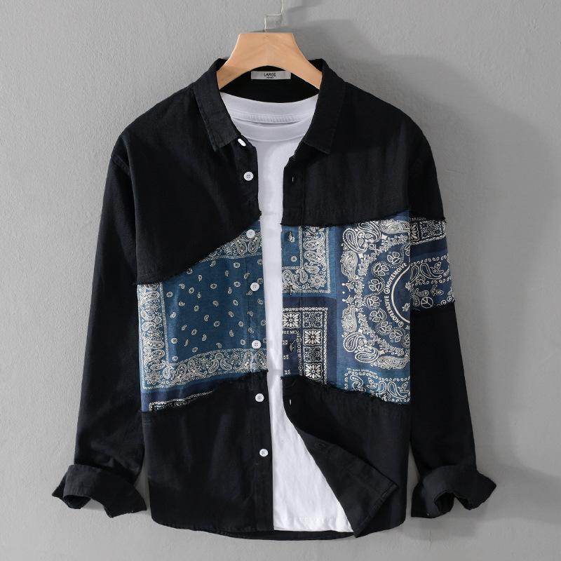 Men's Spring Autumn Turn-down Collar Long Sleeve Patchwork Printing Blouse Clothing Casual Button Loose Shirts