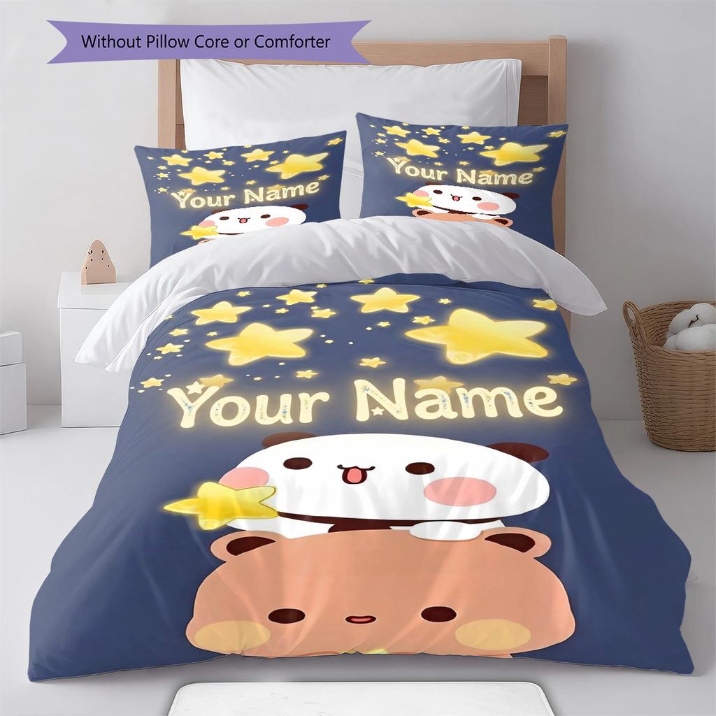 Bear Panda Night Custom Name Pattern Bedding Quilt Set Quilt Cover Pillowcase Home Birthday Gift(1 * Duvet Cover + 2 * Pillowcase, Without Core)