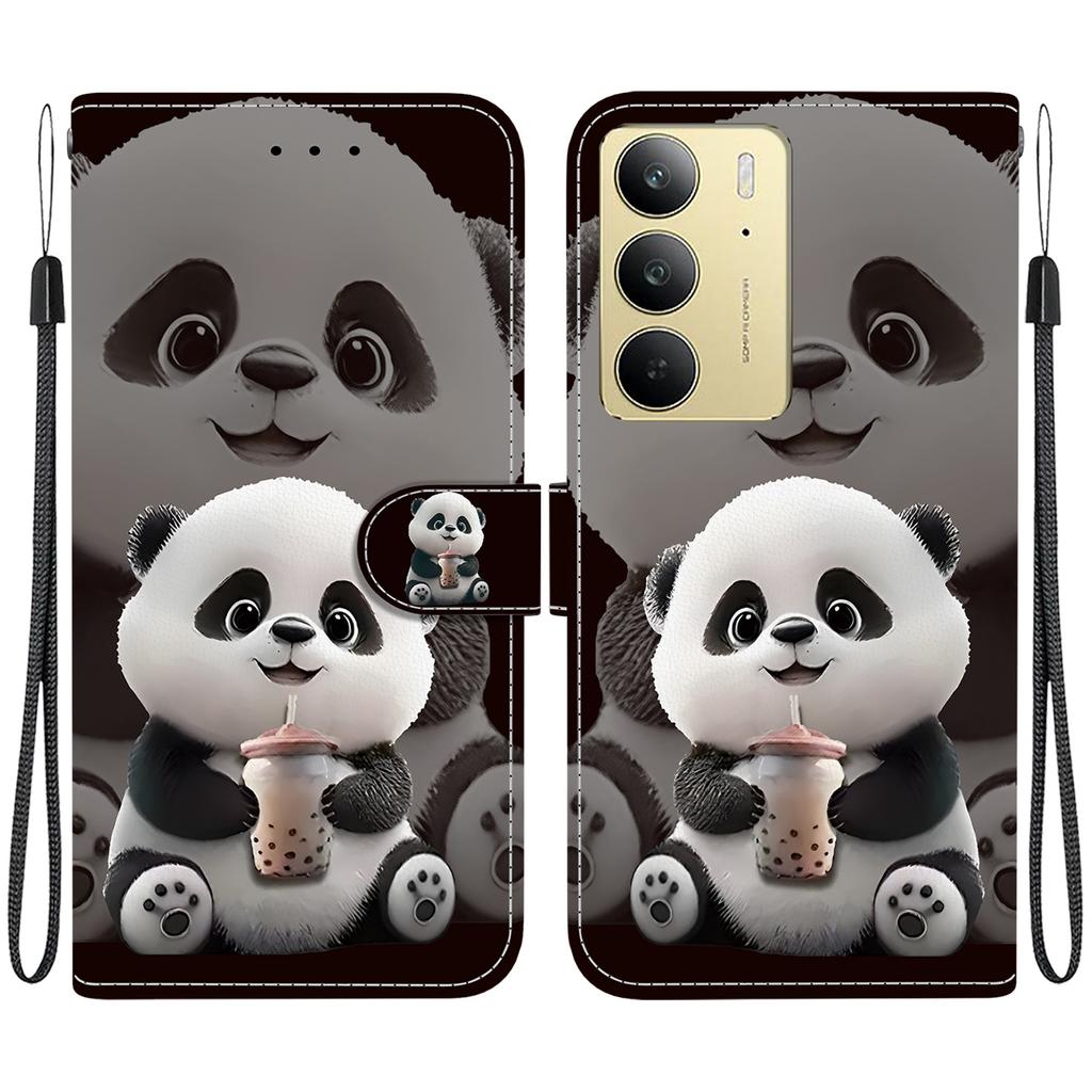 Ručně vyráběné PU kožené flipové pouzdro pro Realme C75 / Realme C75 4G Protiskluzový nárazuvzdorný kryt s poutkem na zápěstí a designy srdce/růže/kočka