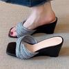 Eilyken Fashion Pleated Weave Square Toe Women Slippers Summer Design Wedges Low Heels Party Dress Slide Shoes