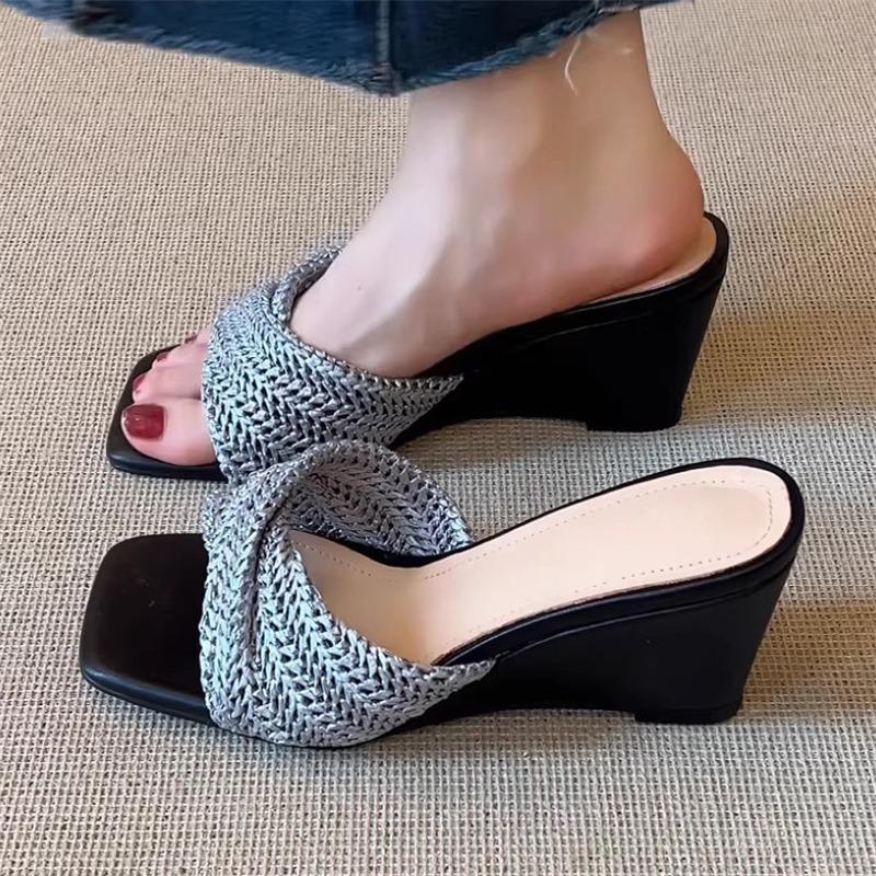 Eilyken Fashion Pleated Weave Square Toe Women Slippers Summer Design Wedges Low Heels Party Dress Slide Shoes