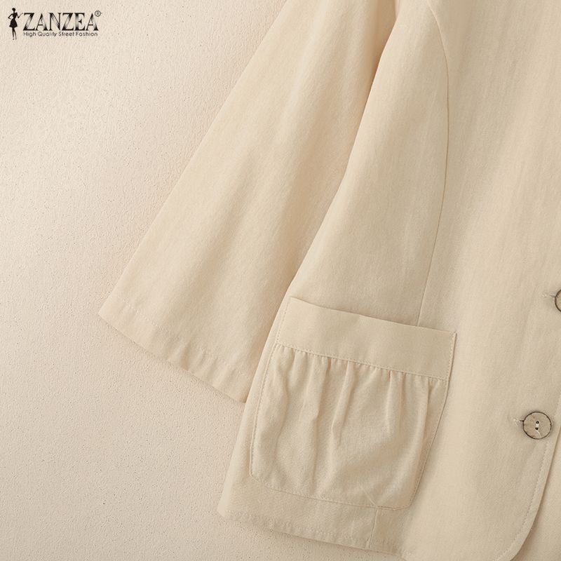 ZANZEA Women Casual Round Neck Solid Color 3/4 Sleeve Cotton Blouse