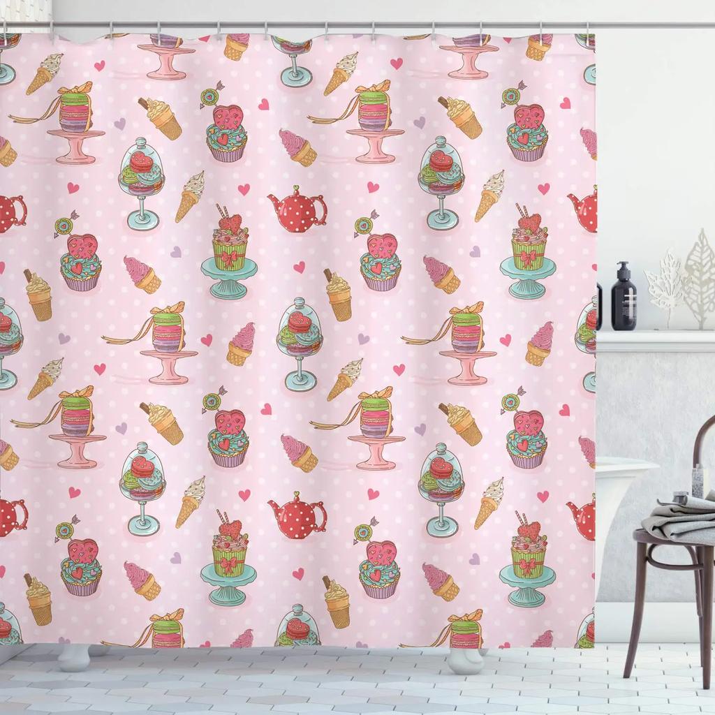 Ice Cream Shower Curtain Summer Flower Rainbow Popsicle Colorful Dots Design Fabric Waterproof Bath Curtain Bathroom Curtain Set