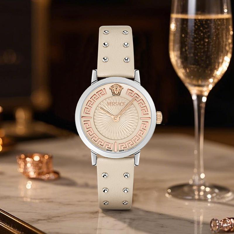 Versace Quartz Watch 35mm Beige Dial Leather Strap Gift Set With Perfume And Red Envelope Women Watches Pink VE0A00125
