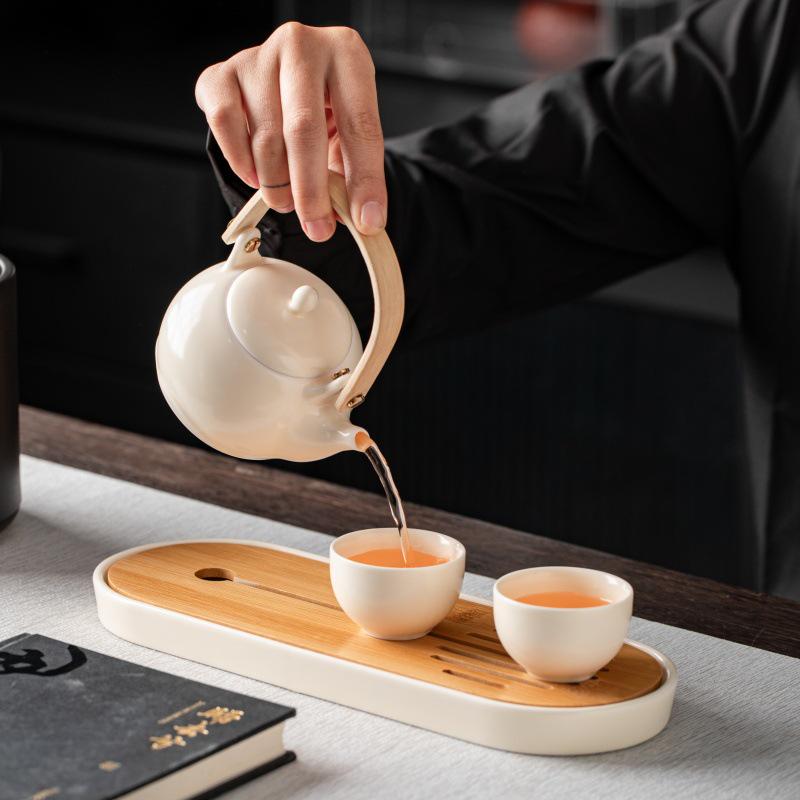 Ceramic Cream Style Teapot and Kung Fu Tea Set with Handle - Perfect for Hotels, B&Bs, Business Gifts, Custom Logo Available