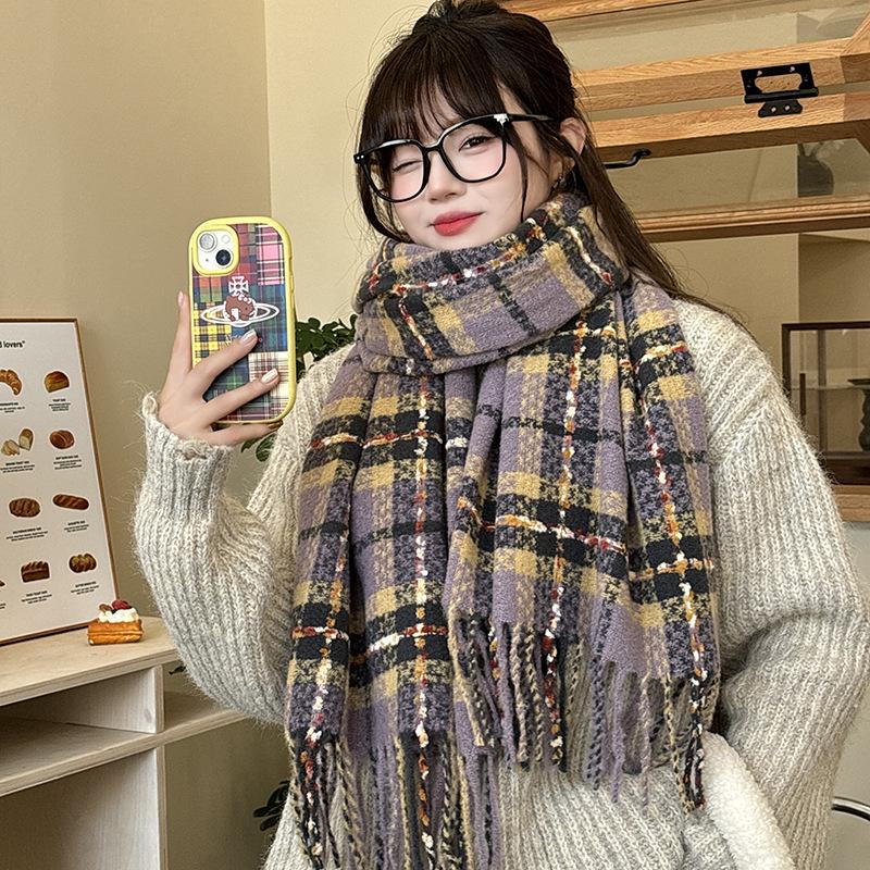 Autumn Winter Korean Campus Style Cheese Plaid Design Soft Faux Cashmere Tassel Warm Scarf