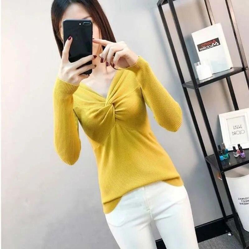 Pullover mit V-Ausschnitt für Damen, schmale Passform, kurzes Oberteil, Pull-Pullover, Strickpullover, solide Langarm-Damen, Frühling und Herbst