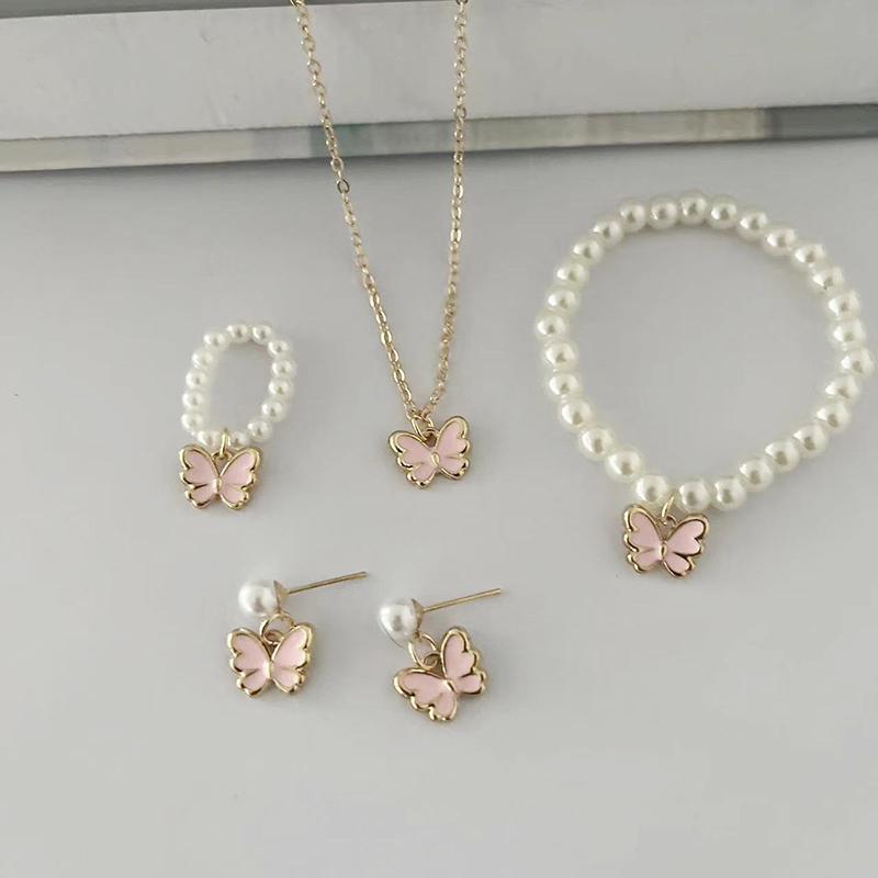 Popular Children'S Jewelry Set Dripping Butterfly Charm Pearl Bracelet Earrings Necklace Jewelry Women