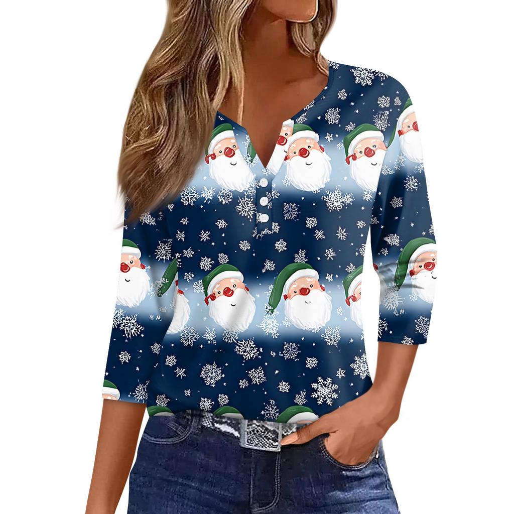 Women's T Shirt Tee Christmas Printed Button 3/4 Sleeve Tunic Daily Weekend Fashion Basic V- Neck Regular Top