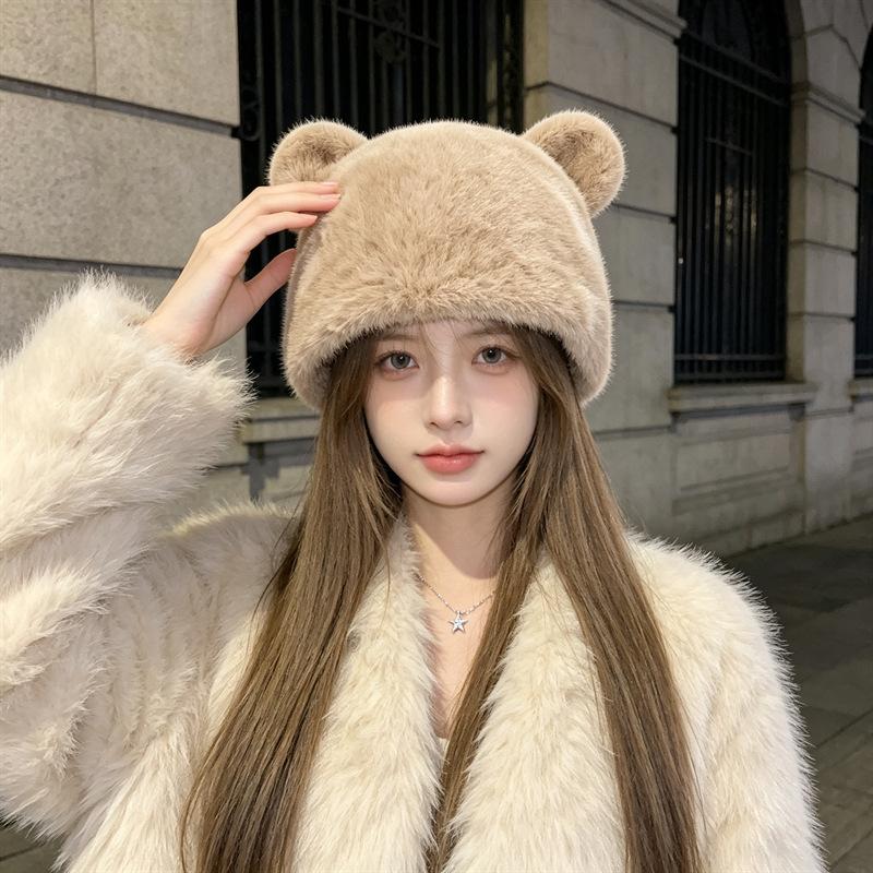 New Internet Celebrity Hat Female Autumn and Winter Mink Fashion Versatile Plush Cute Bear Ears Show Face Small Bucket Hat
