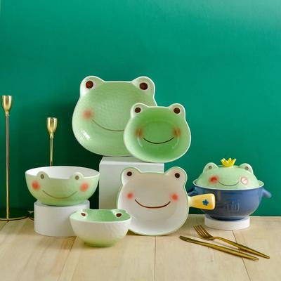 Japanese Kids Cartoon Ceramic Bowl and Plate Set Salad Bowl with Handle Frog Noodle Bowl Soup Plate with Lid Children Rice Bowl