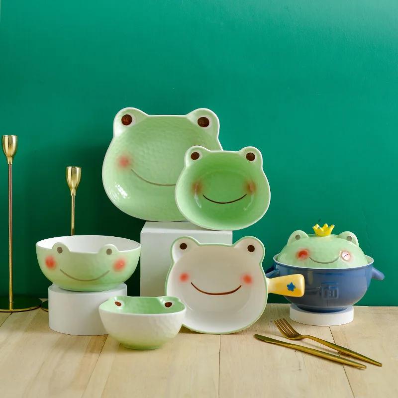 Japanese Kids Cartoon Ceramic Bowl and Plate Set Salad Bowl with Handle Frog Noodle Bowl Soup Plate with Lid Children Rice Bowl