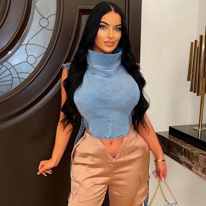 Womens Denim Vest With Stand Collar Tie Detail Casual Streetwear Short Crop Top