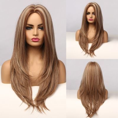 Women s Center-Parted Long Curly Wigs with Golden Ombre Highlights – Fashionable Heat-Resistant Silk Wigs as the picture