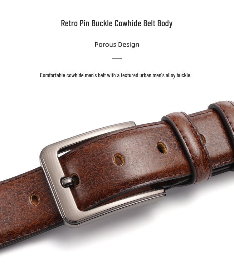 Men's Retro Pin Buckle Cowhide Belt - Versatile, Casual, Genuine Leather, High-End Feel, Hot Item.
