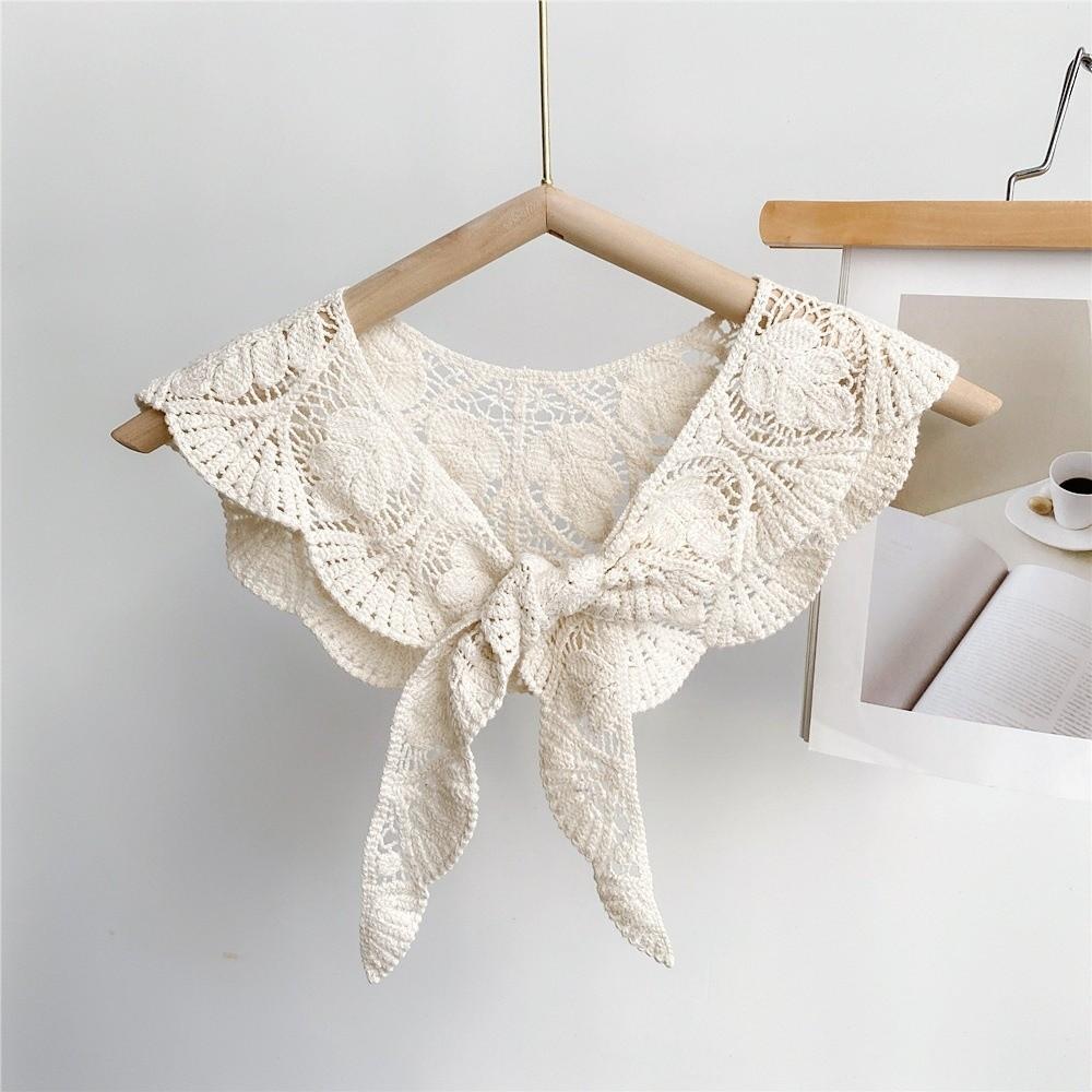 Sweet Solid Color Crochet Detachable Collar Korean Style with Knot Design Leaf Pattern Shawl Hollowed-out Thin Shawl Summer
