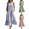 Sommer Gestreiftes Maxikleid für Damen Rundhalsausschnitt Ärmellos Rüschen A-Linie Schwingendes Kleid Strand Freizeit Fließendes Sommerkleid mit Taschen