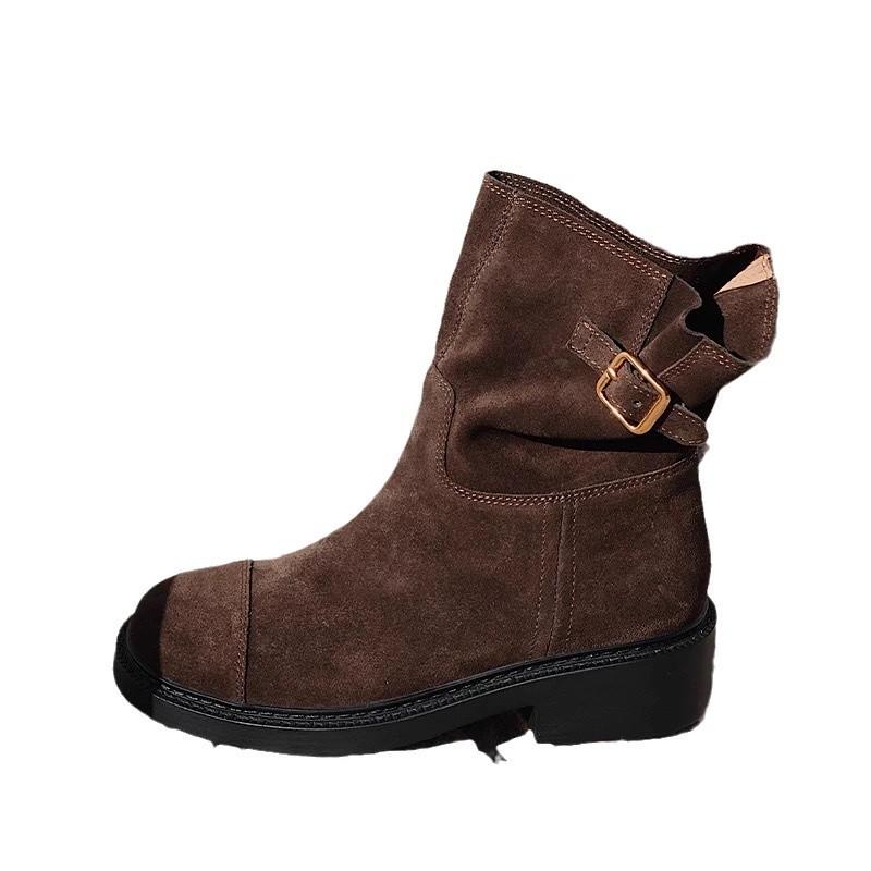 Vintage niche suede suede belt buckle Martin boots women's autumn and winter velvet round head thick heel short boots cowboy boots