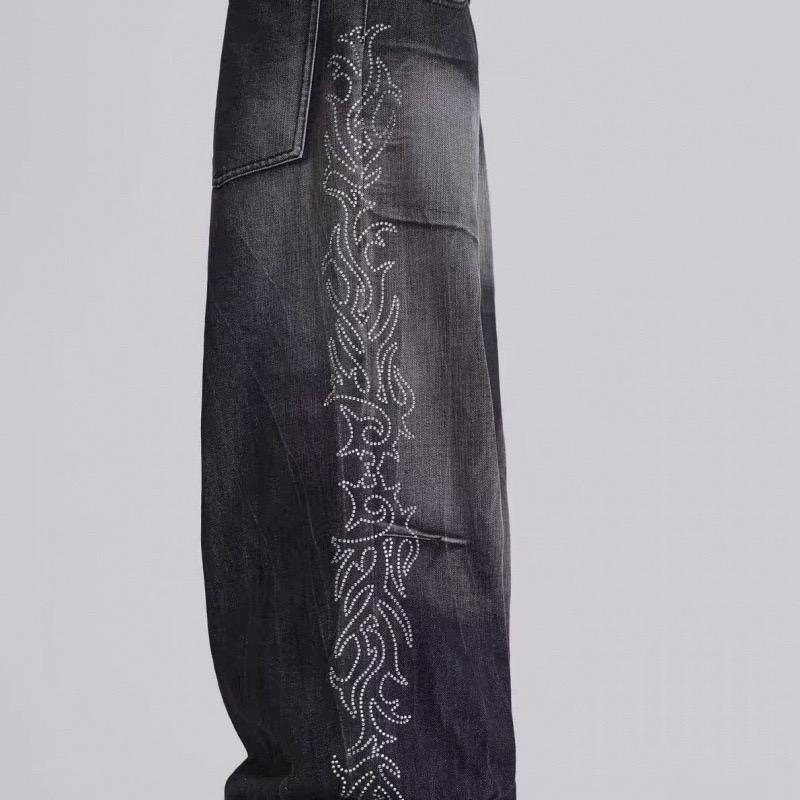 RogueWave Women Denim Trousers Y2K-Style Side-Flame Embellished Rhinestone Washed Low-Rise Wide-Leg Jeans