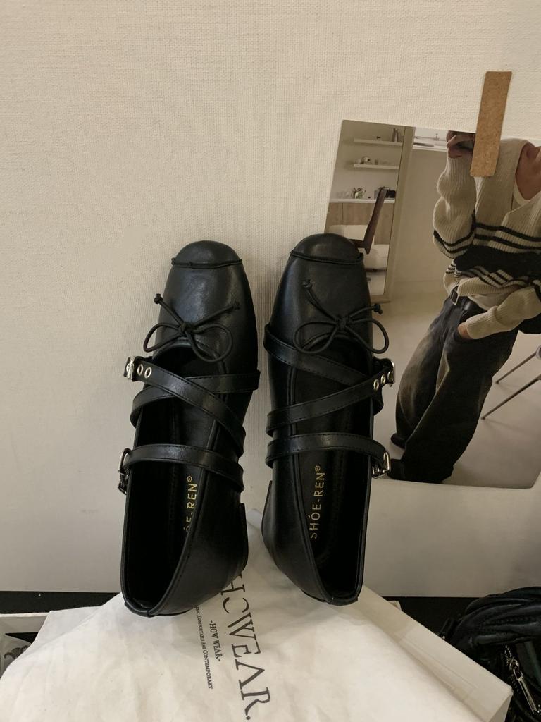 2025 new French retro style square head bow with Mary Jane shoes women's flat ballet shoes