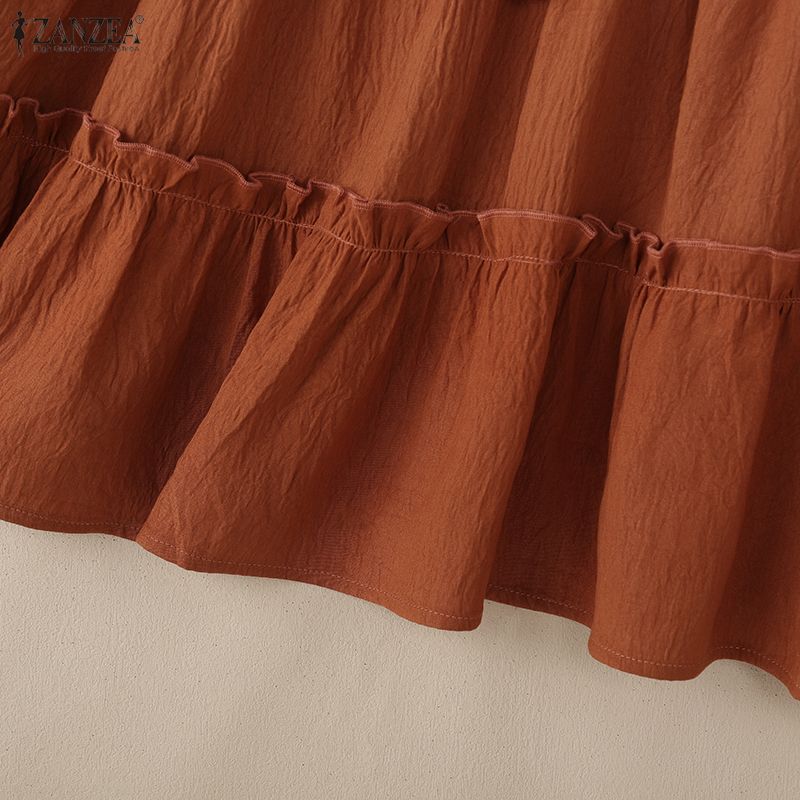 ZANZEA Women Casual Stand Collar Bell Sleeve Loose Blouse