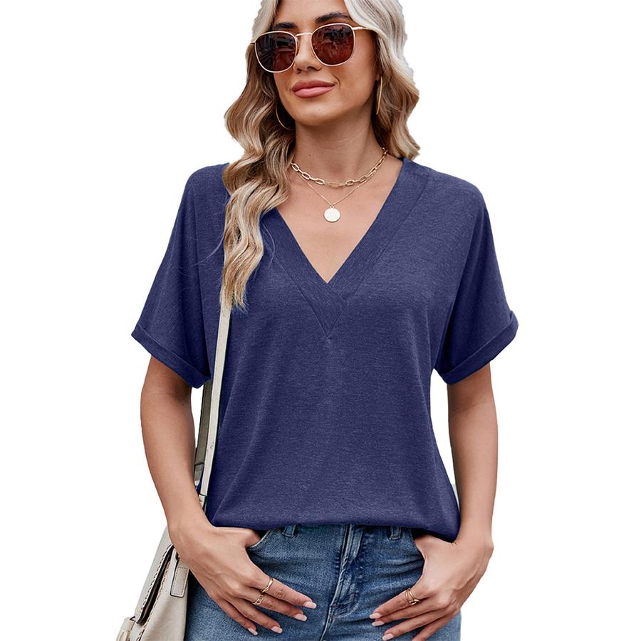 Women's Spring Summer New Arrivals Solid V-Neck Loose Short Sleeve T-Shirt Top