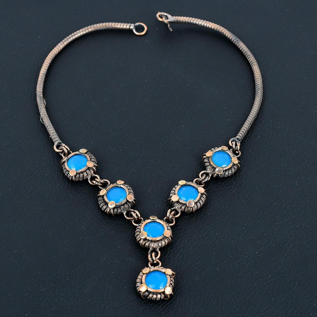 Blue Chalcedony Necklace Handmade Jewelry, 999 Copper Wire Wrapped Necklace Designer Gemstone Jewelry Adjustable Chain Necklace Gift For Mom