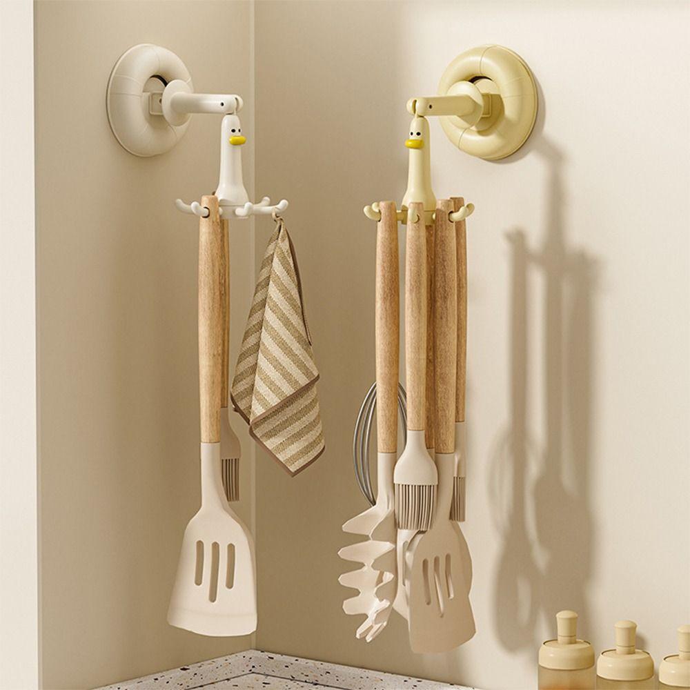 New Punch-free Cartoon Duck Hook Suction Cup Rotating Kitchen Rack Six-claw Rice Spoon Spatula Pot Hook