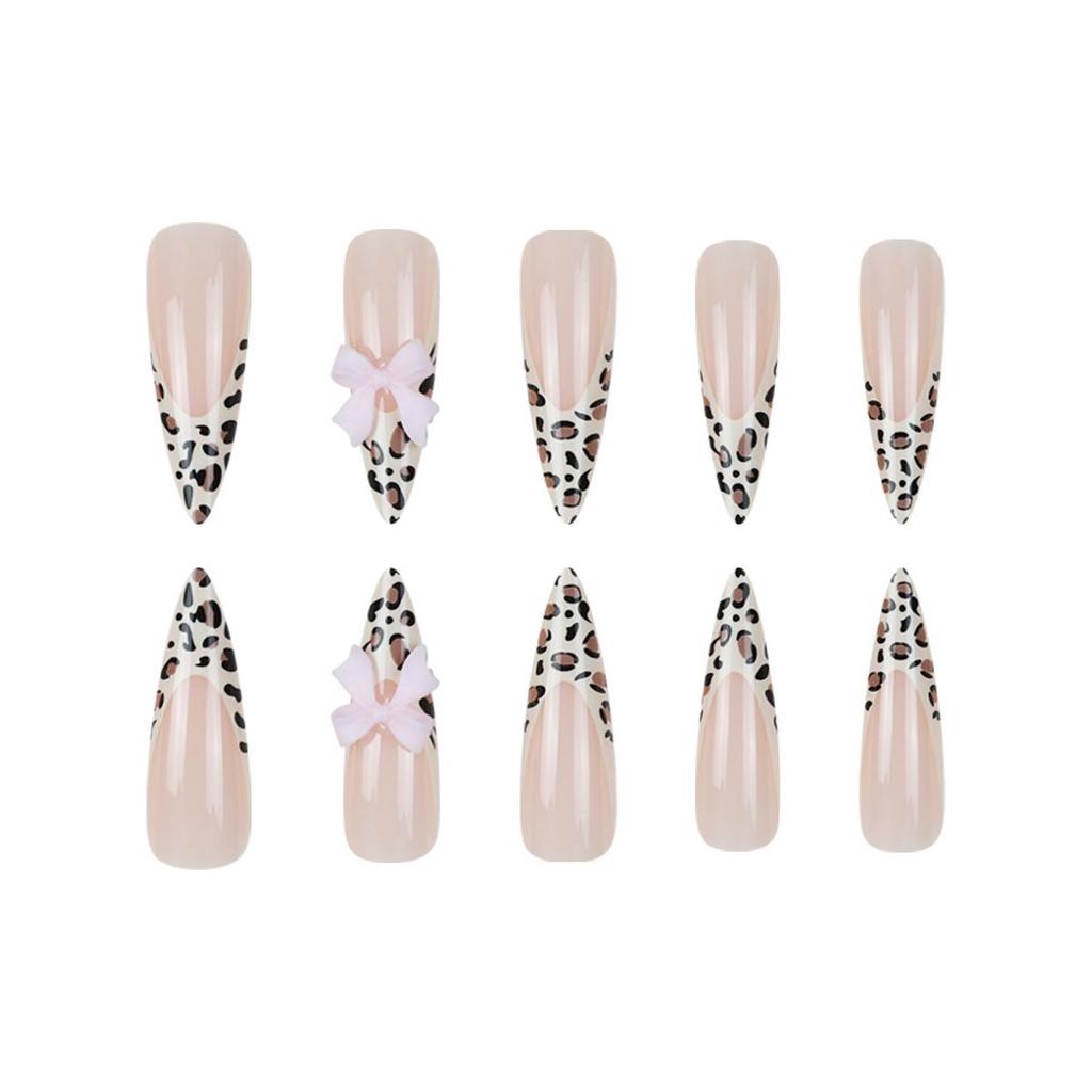 Leopard Print Rhinestone Bow Wearable False Nails - 24 Long French Tips