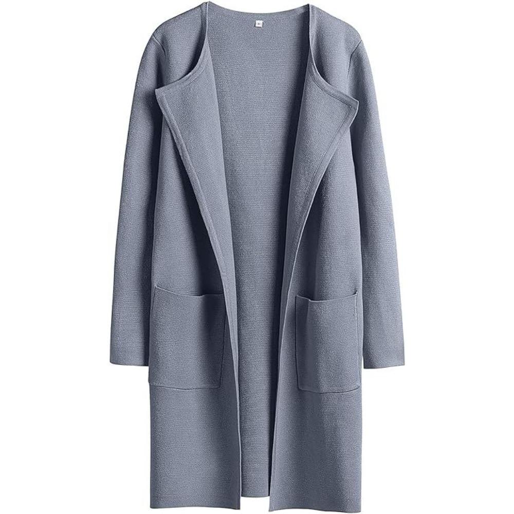 Women's Turn Down Collar Long Sleeve Loose Fit Casual Long Knit Cardigan Solid Color Pocket Sweater Coat