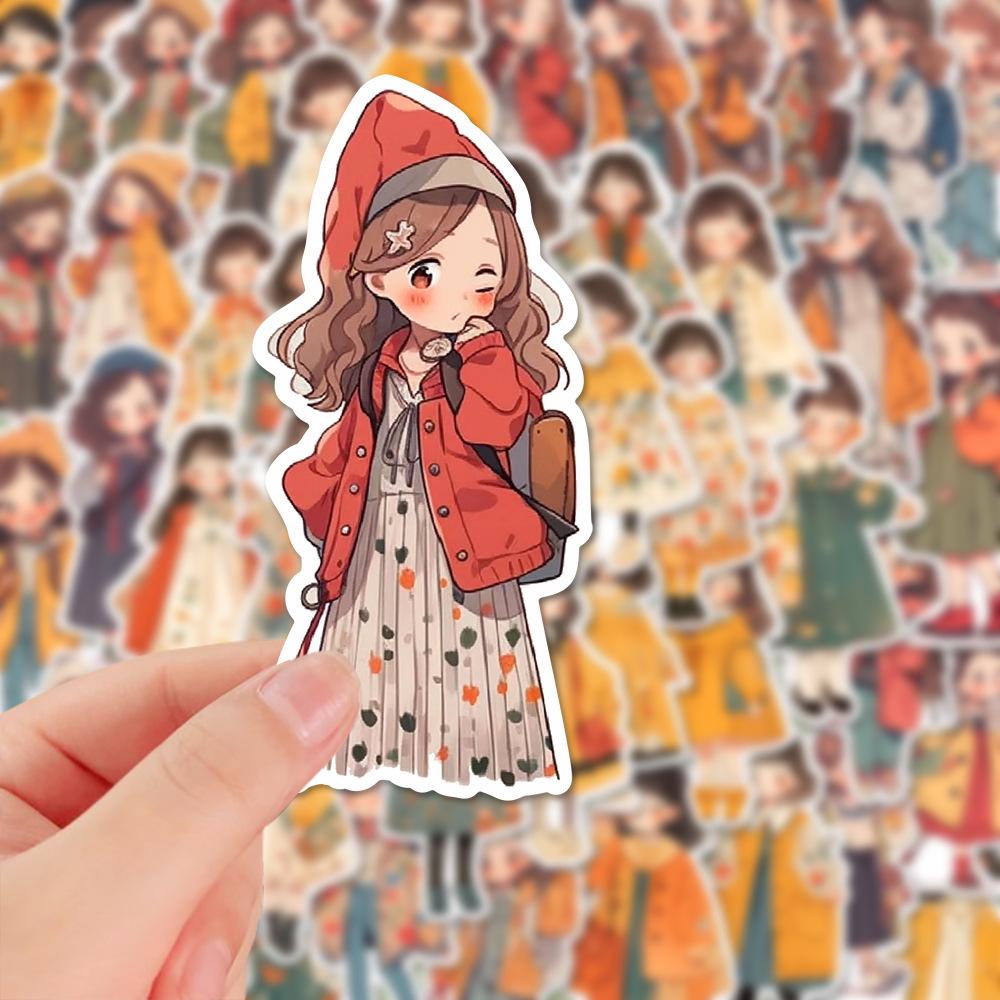 64-Piece Cartoon Graffiti Autumn Outfit Stickers for Fashionable Girls' Phone Cases