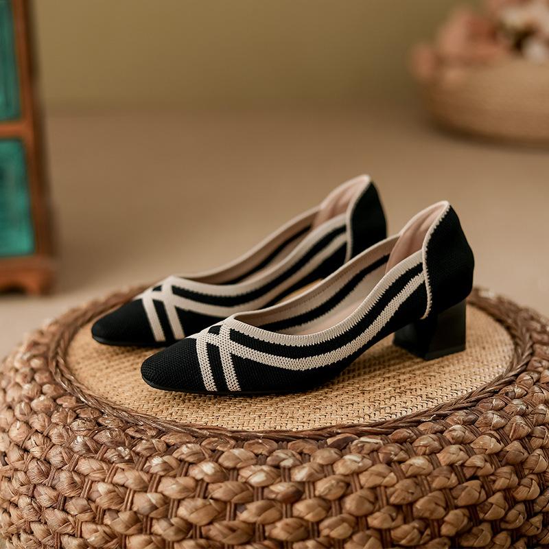 New Thick Heel Small Square Head Light Mouth Knitted Color Matching Temperament Women's Shoes Women's Fashion Single Shoes