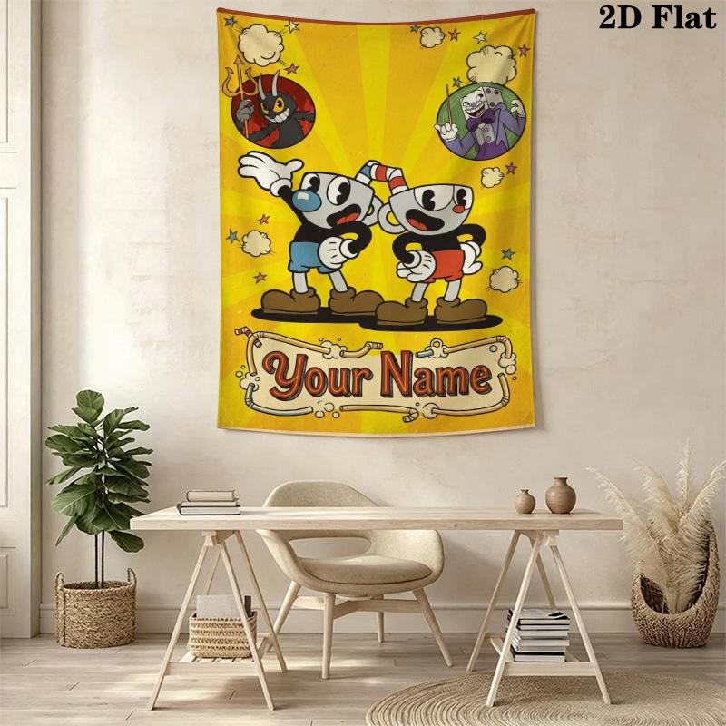 Name Custom Cuphead Game Wall Tapestry Aesthetic Wall Hanging Printed Fabric Blanket Decorative Tapestries for Bedroom Living Room Home Decor