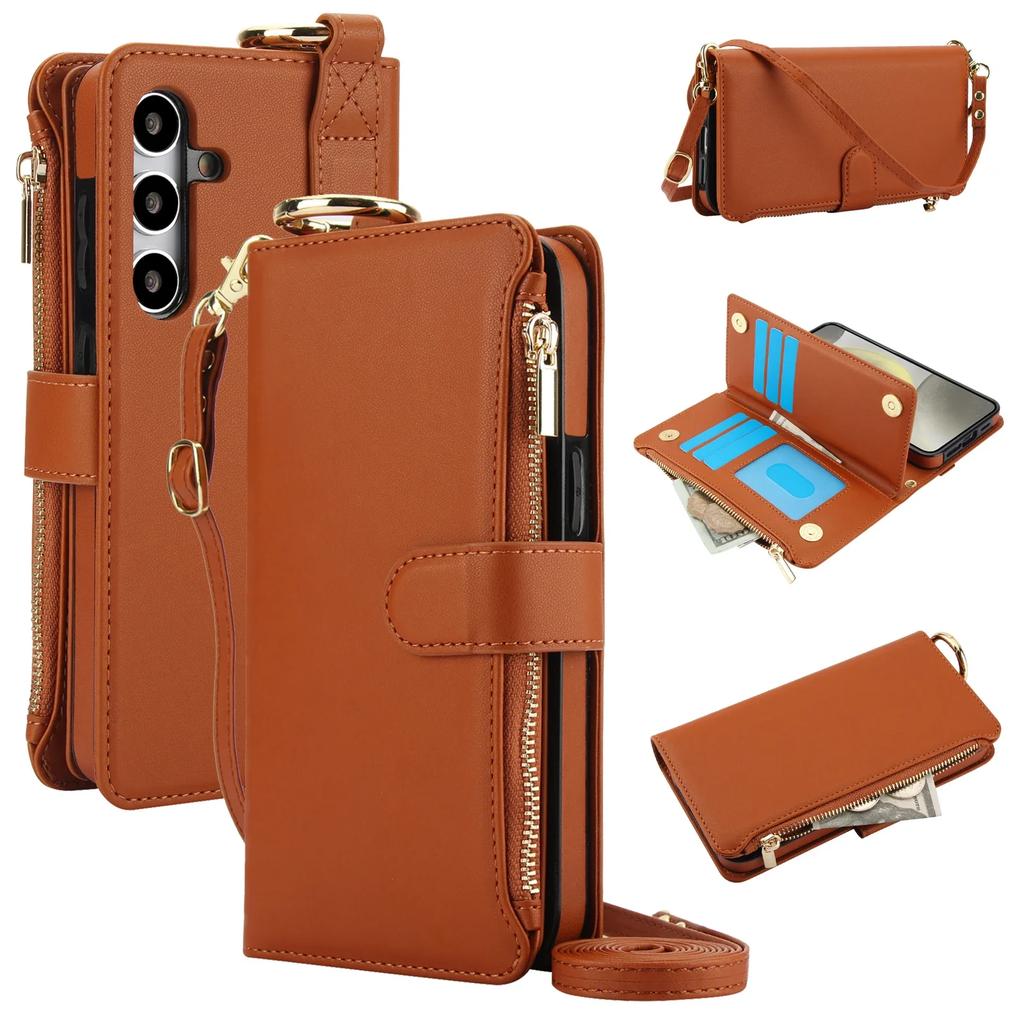 Ring Lanyard Zipper Leather Wallet Case for Samsung Galaxy A55 A15 A54 A14 A53 S25 Ultra Edge S26 S22 S23 S24 Fe Plus A16 Cover