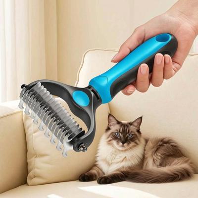 Pet Grooming Rake Double Sided Stainless Steel Blades Cat Deshedding Tool Pet Undercoat Rake for Dogs Cats Shedding Control Dematting