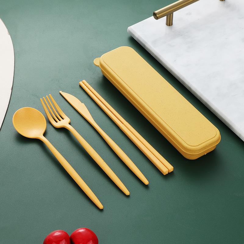 Eco-Friendly Wheat Straw Tableware Set: Knife, Fork, Spoon & Chopsticks - Portable & Durable.